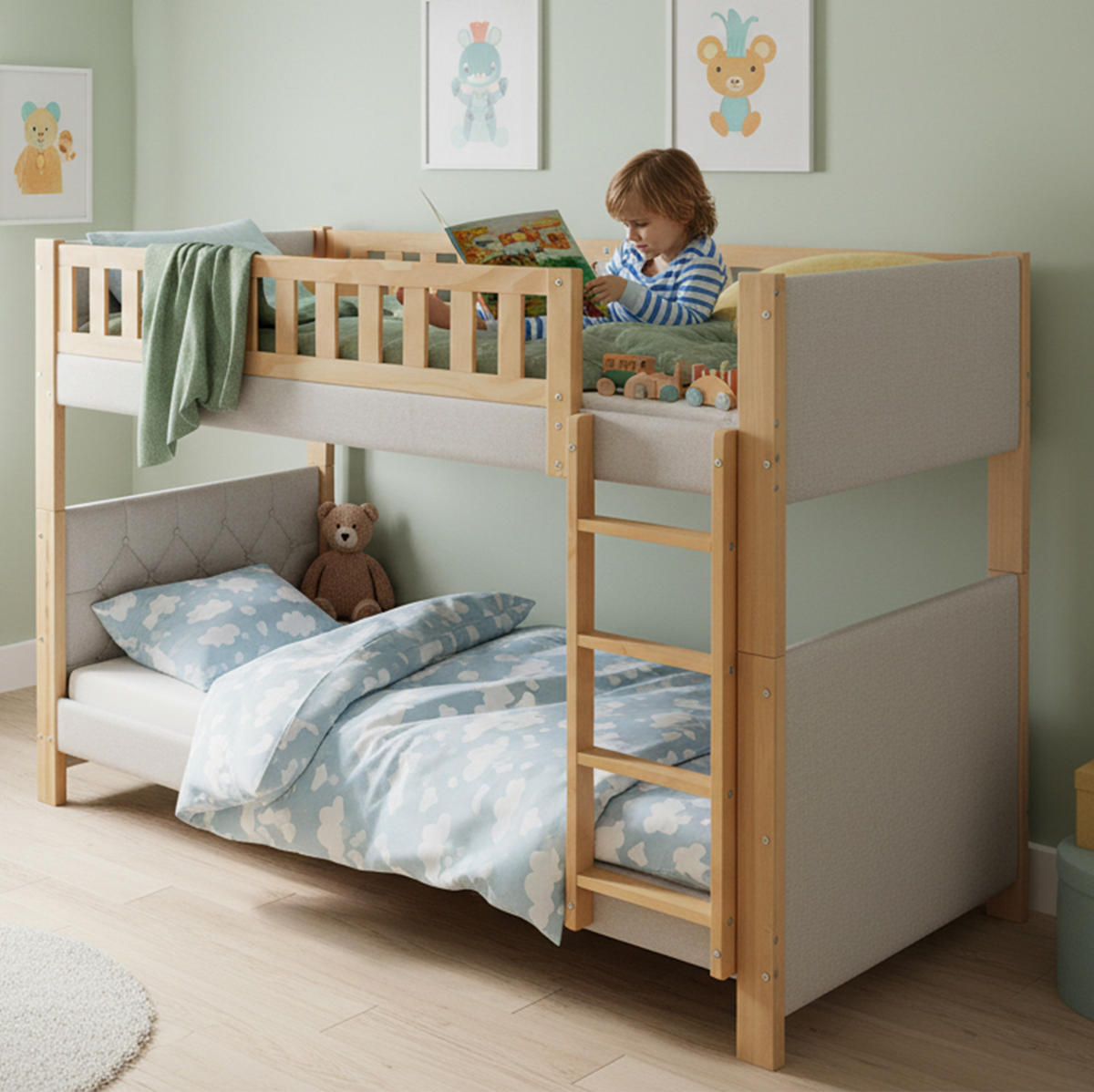 ETAGENBETT 90/200 cm in Grau/Natur mit Treppe und weichen Schutzkanten - Grau, Holz - BEAOK