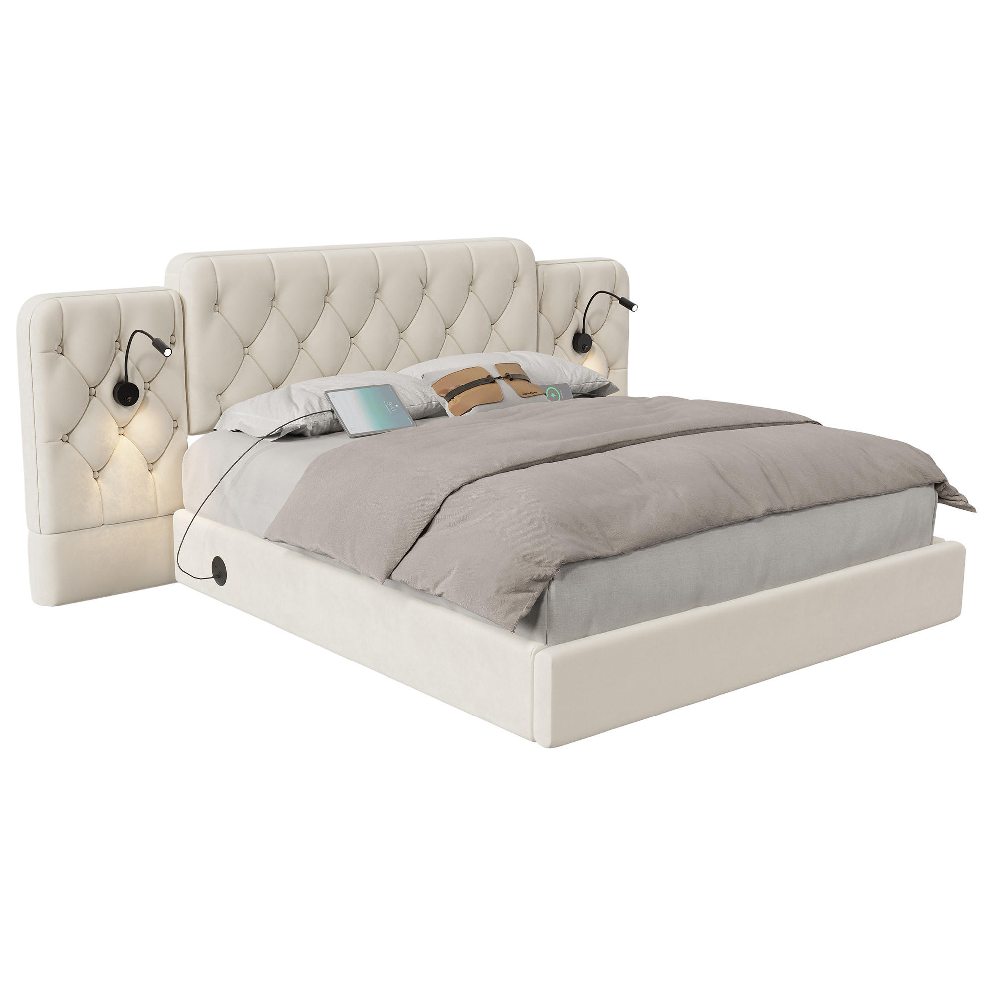 POLSTERBETT 180/200 cm in Beige Samt mit Bettkasten, Leselampe und USB - Beige, Holzwerkstoff/Textil (180/200cm) - WISHDOR