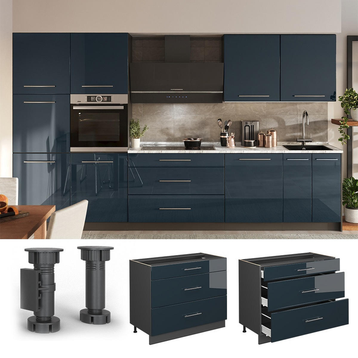 KÜCHENUNTERSCHRANK Fame-Line, Dunkelblau Hochglanz/Anthrazit, 100 cm, AP Eiche - Anthrazit/Dunkelblau, Holzwerkstoff (100/82/60cm) - Vicco