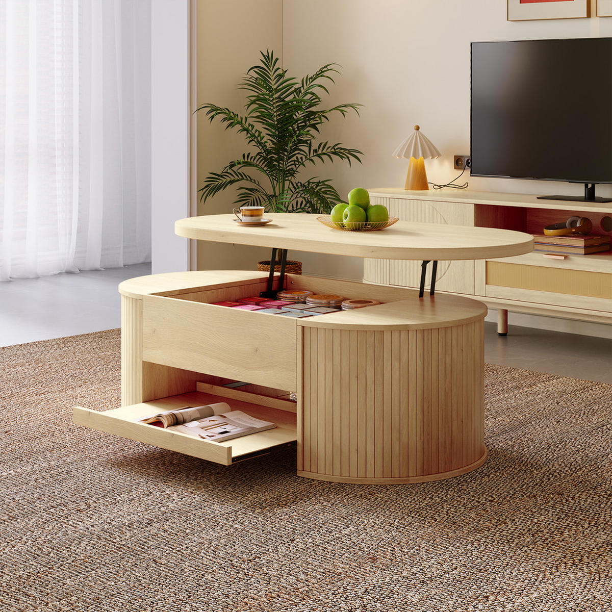 COUCHTISCH Anhebbar Ausziehbares Regal Gebogene Holzseiten Multifunktional - Braun, Holz (125.1/60.96/14.61cm) - FLIEKS