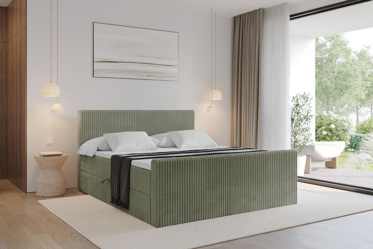 BOXBETT mit Matratze H3 und Lattenrost - TOLO-Z - 200x200 Cord - Olive - Olivgrün, Holzwerkstoff (200/200cm) - ALTDECOR