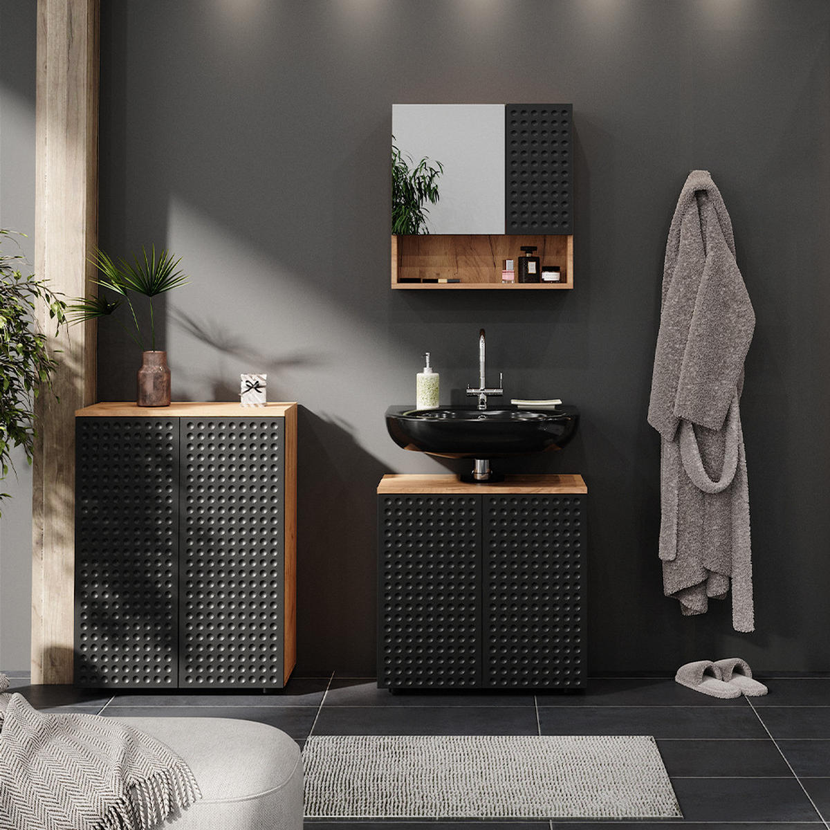 BADMÖBEL-SET Irma Anthrazit gepunktet 3 Teile, mit Unterschrank 60 cm - Anthrazit/Eiche Wotan, Holzwerkstoff (80/58.6/41cm) - Vicco