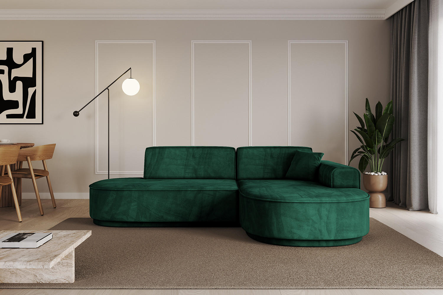ECKSOFA Ottomane Rechts MARI-L1-v3 - 232x163x81 cm Grün Velours - Schwarz/Grün, Holzwerkstoff/Kunststoff (232/163cm) - ALTDECOR