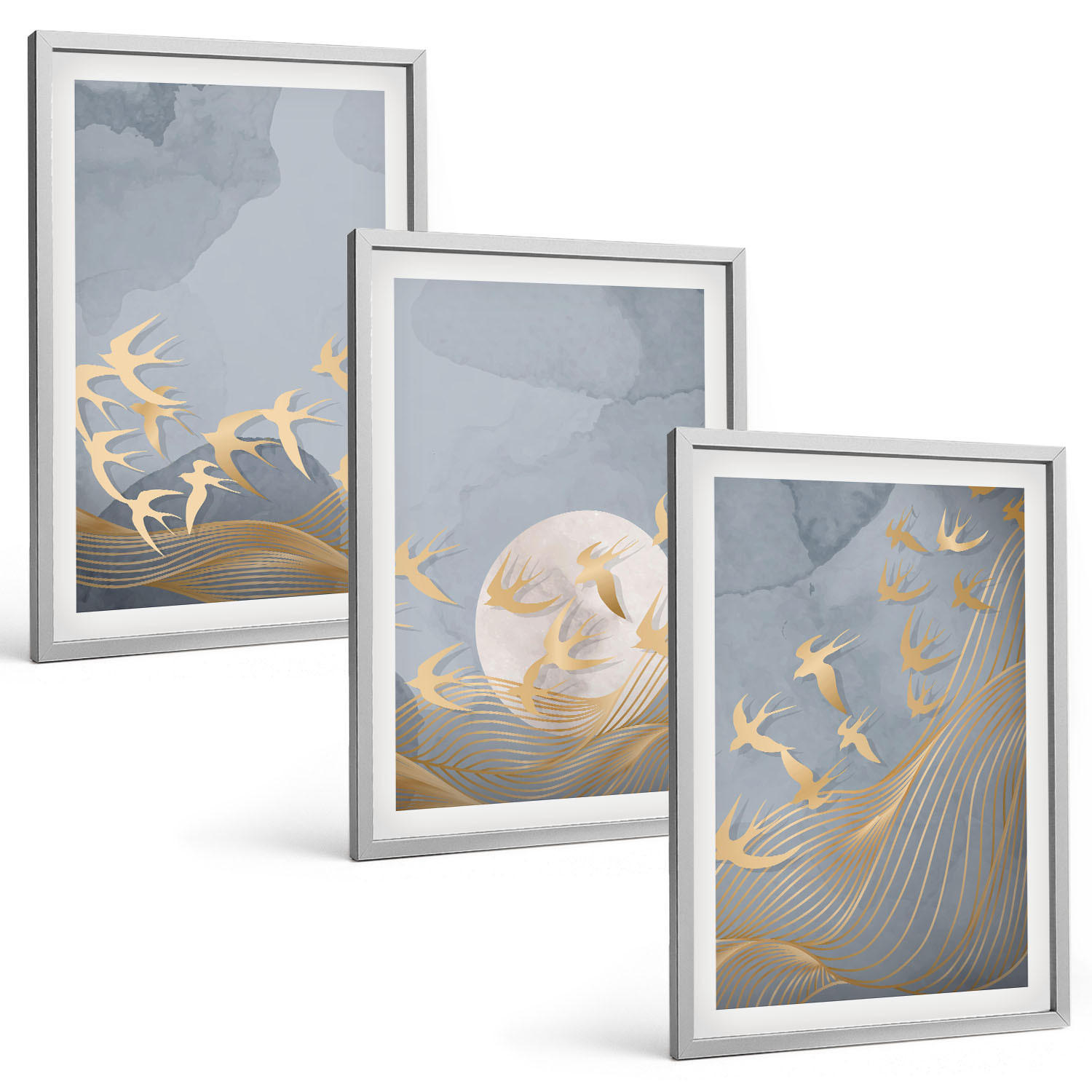 BILDER SET 3er Set - 40x60 cm Silberner Rahmen - Vögel, die am Himmel fliegen - Silberfarben, Kunststoff (40/60cm) - TULUP