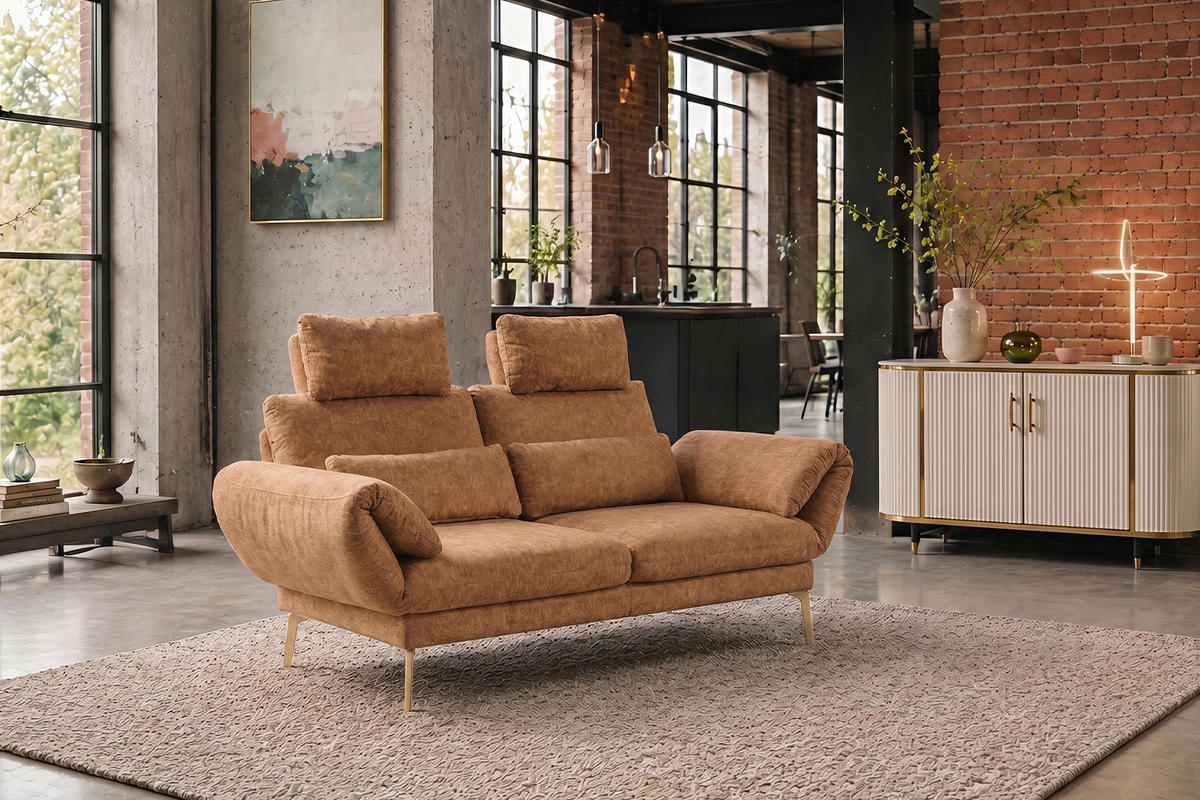 SOFA HOLLY Braun Flachgewebe - Dunkelbraun/Braun, Textil/Metall (176/90/92cm) - KAWOLA