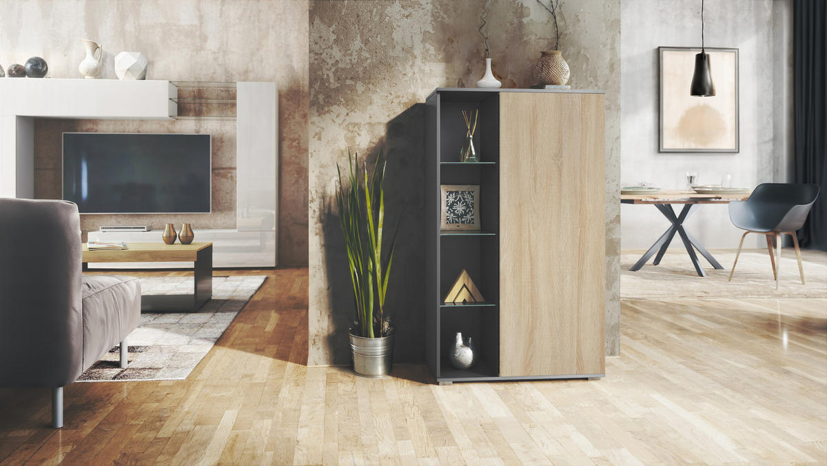 VITRINE Davos Eiche sägerau - Eiche San Remo, Holzwerkstoff (71.5/134/35cm) - Vladon