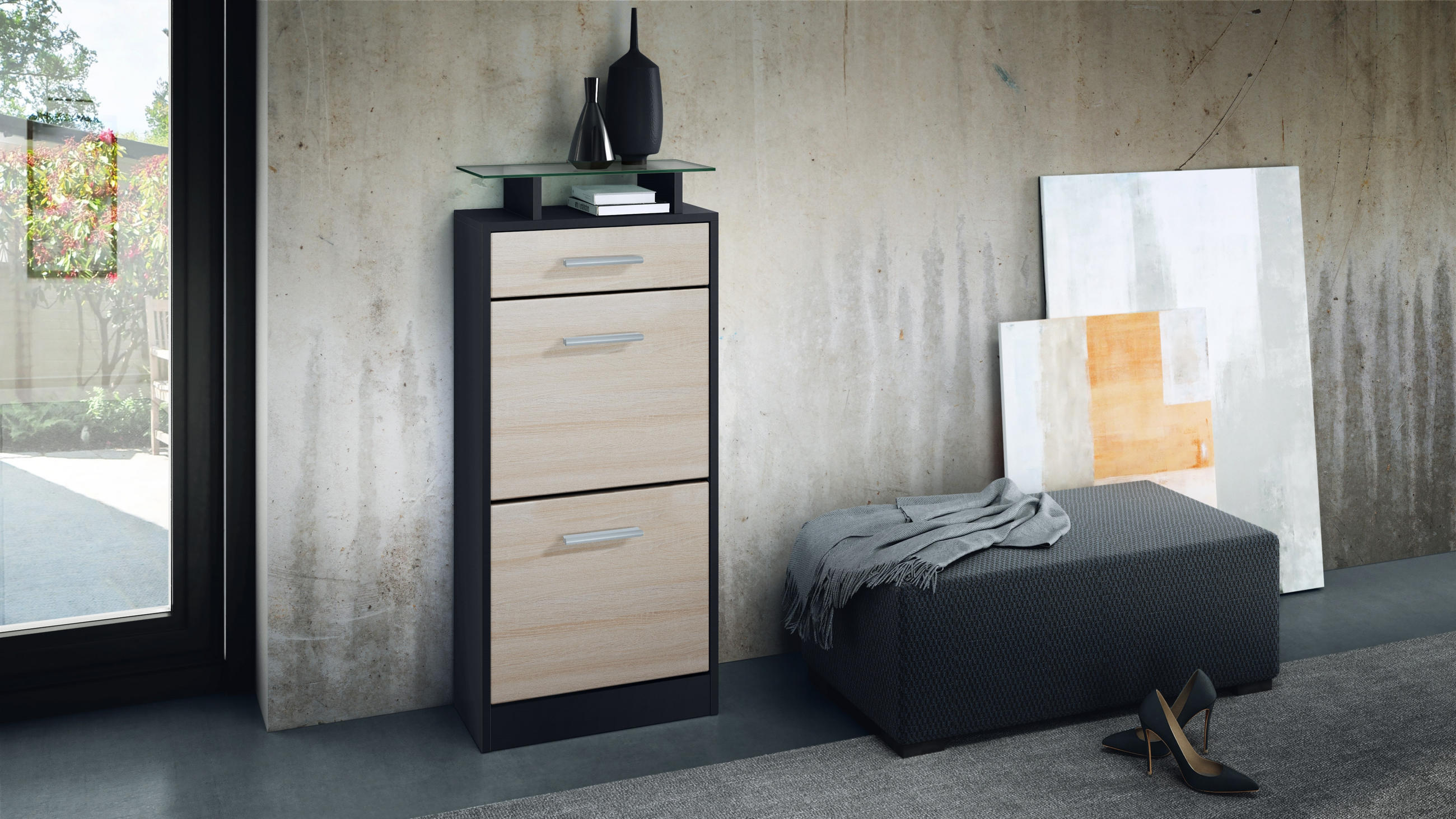 SCHUHSCHRANK Loret Front in Eiche sägerau - Eiche San Remo, Holzwerkstoff (46/104/23cm) - Vladon