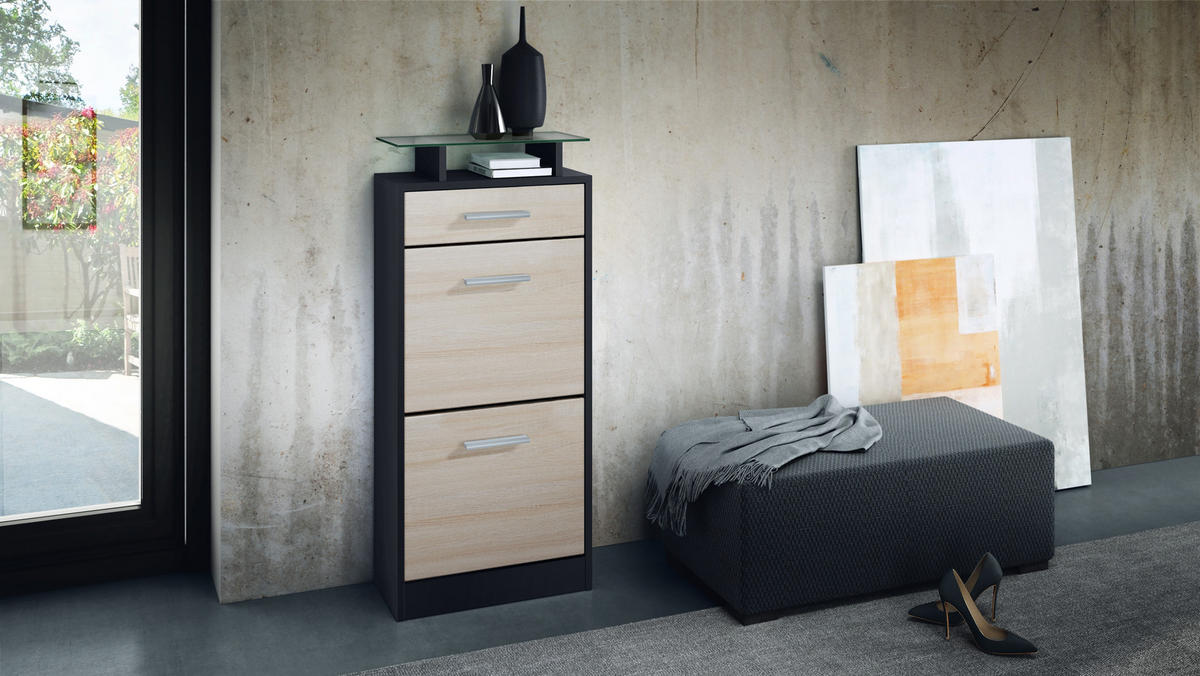 SCHUHSCHRANK Loret Front in Eiche sägerau - Eiche San Remo, Holzwerkstoff (46/104/23cm) - Vladon