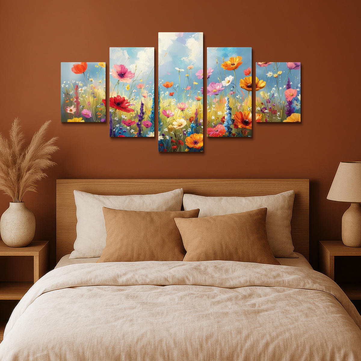 LEINWANDBILD 5er Set Blumen - Frühling - Farbenfroh - Sommerlich 150x80 cm - Orange, Textil (150/80cm) - MuchoWow