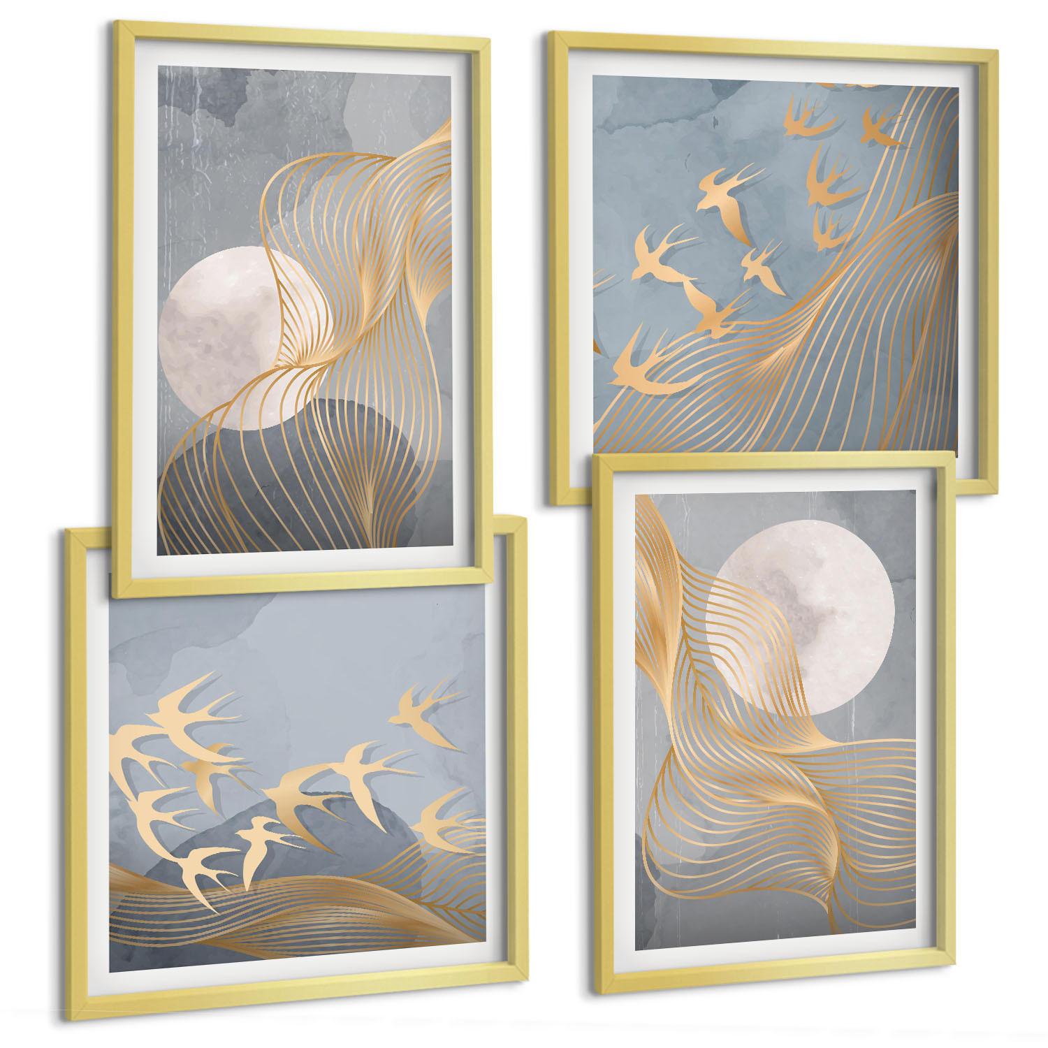 BILDER SET 4er Set - 50x50 cm & 40x60 cm Goldrahmen - Abstrakte Wellenkreise, grau - Goldfarben, Kunststoff (50/50cm) - TULUP