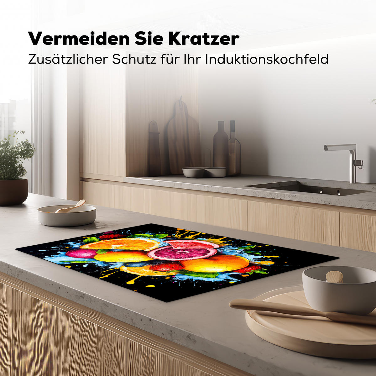 HERDABDECKPLATTE Obst - Graffiti - Bunt - Orange - Erdbeere - Abstrakt 76x51 cm - Orange, Kunststoff (76/0.2/51.5cm) - MuchoWow