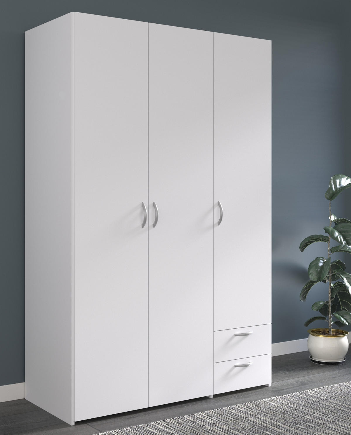 KLEIDERSCHRANK weiß 120 cm 3-türig, Drehtürenschrank - Silberfarben/Weiß, Holzwerkstoff/Kunststoff (120/185/51cm) - Furn.Design