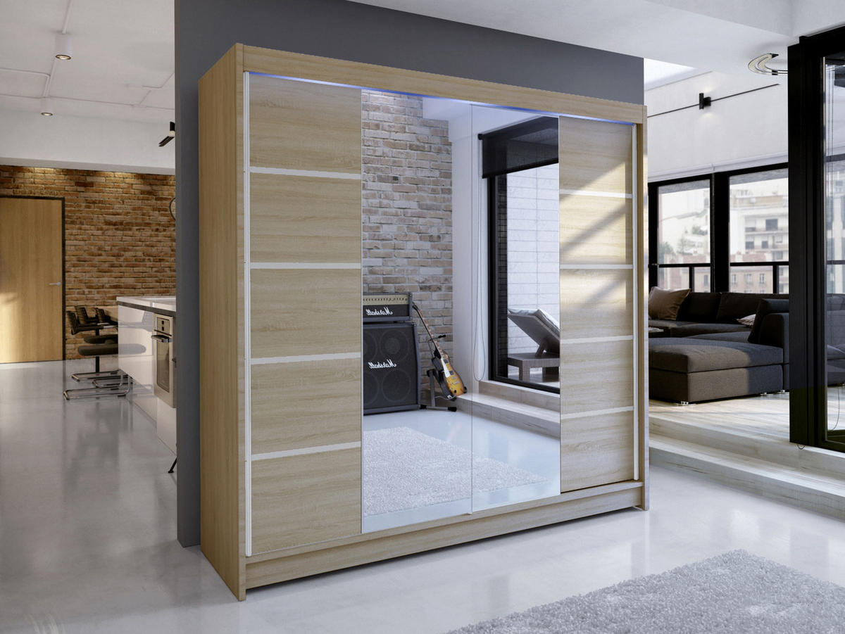 SCHWEBETÜRENSCHRANK Talin V, mit RGB LED Beleuchtung - Silberfarben/Sonoma Eiche, Holzwerkstoff/Metall (180/215/58cm) - MIRJAN24