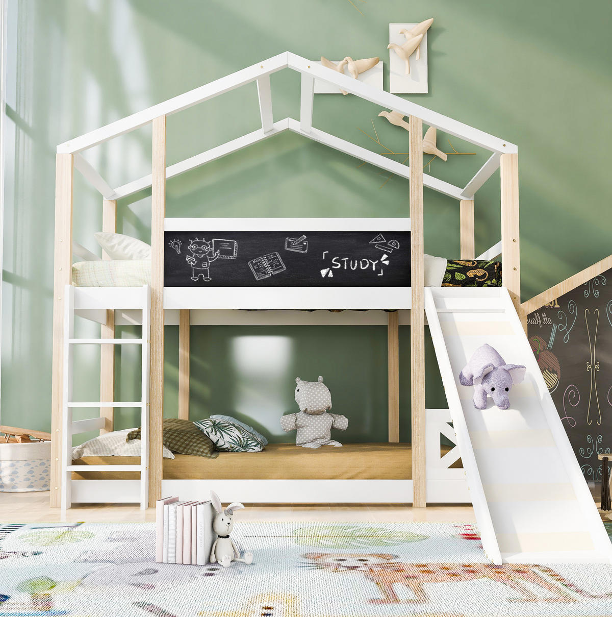 ETAGENBETT 90/200 cm in Weiß aus Kiefer mit Rutsche und Leiter - Weiß, Holz (90/200cm) - OKMYHOME