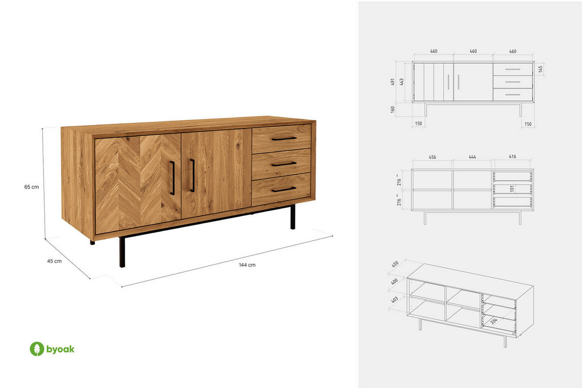 KOMMODE BREIT LEON Wildeiche - Wildeiche, Holz (144/65/45cm) - byoak