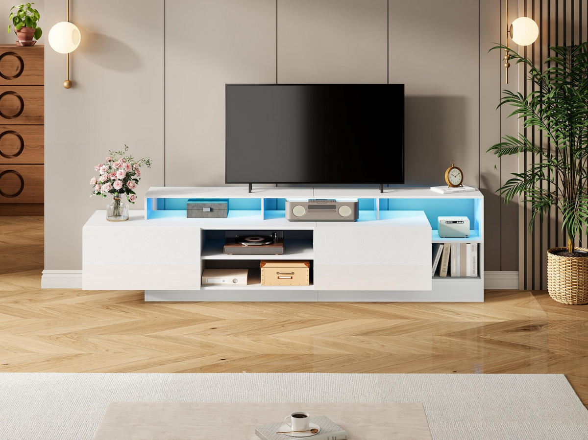 TV-LOWBOARD aus Spanplatte 190x40x48,5 cm Weiß mit LED-Beleuchtung, Klapptüren und Hochglanzfront - Weiß, Holzwerkstoff (190/48.5/40cm) - Modfu
