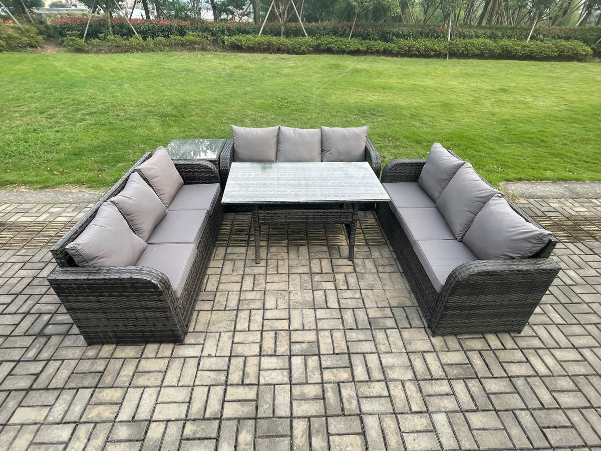 GARTENTISCHGRUPPE mit Beistelltisch Polyrattan Dunkelgrau 9-Sitzer - Dunkelgrau/Grau, Glas/Kunststoff - Fimous