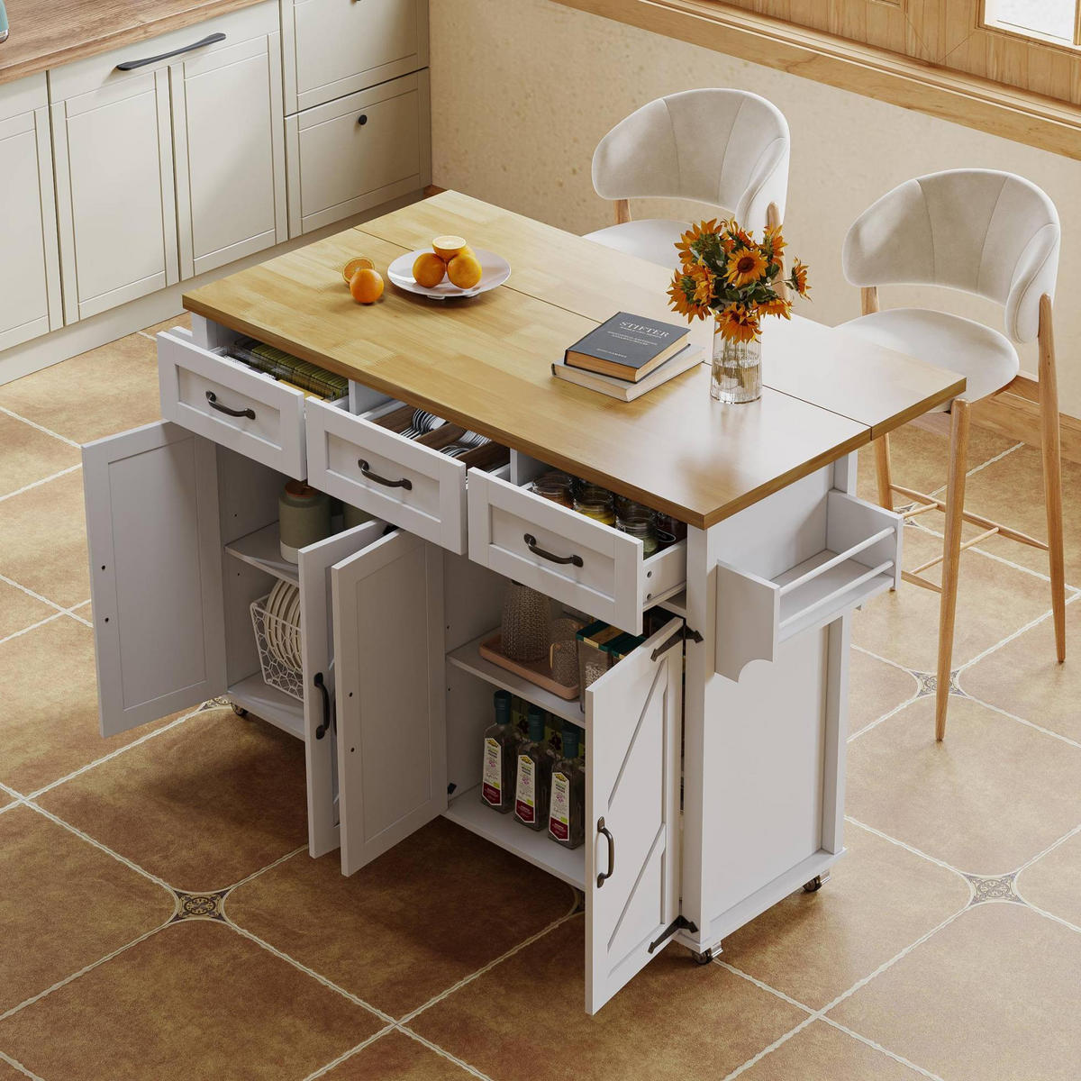KÜCHENINSEL 140/90,5/43(70) cm Weiß/Natur aus MDF mit klappbarer Arbeitsplatte - Weiß, Holzwerkstoff (70/90.5/140cm) - OKMYHOME