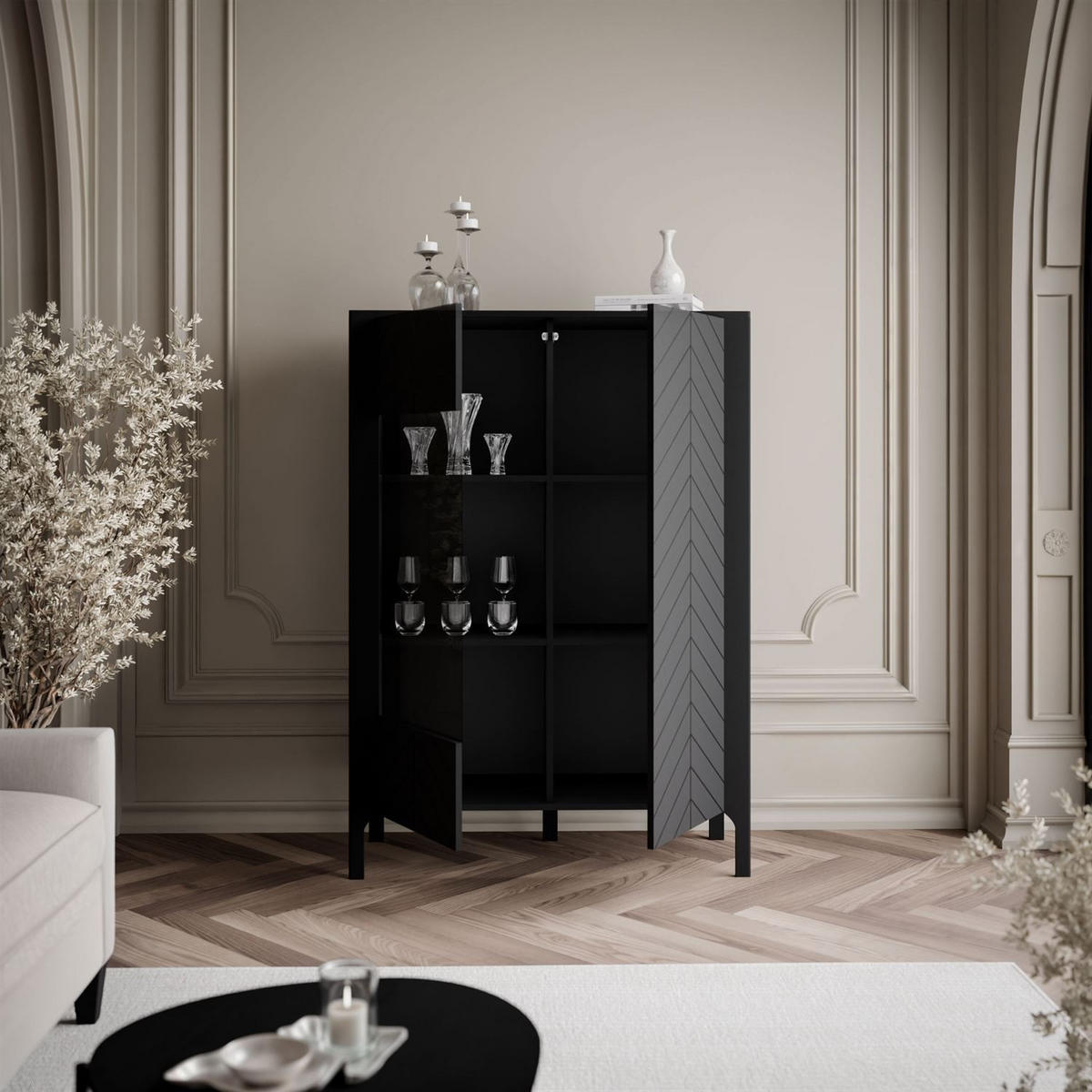 GLASVITRINE LUMI, Schwarz - Schwarz, Holzwerkstoff (103/130/41cm) - Lookway