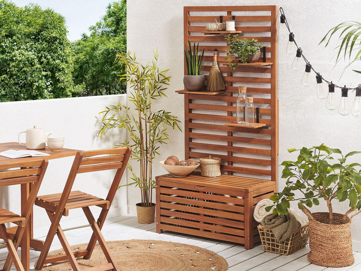 GARTENBANK Akazienholz hellbraun mit Stauraum Wandpaneel 80 cm Matino - Hellbraun, Holz (80/170/40cm) - Beliani