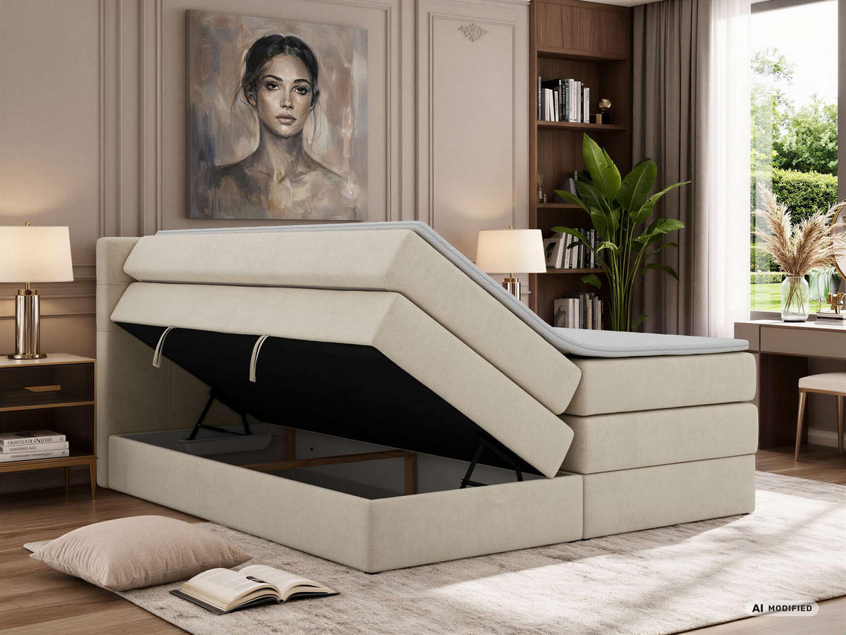 BOXSPRINGBETT SOLVEN KING 160/200 - Creme Jersey - Topper T25 - H4 - Creme/Schwarz, Kunststoff/Textil (160/200cm) - MKS