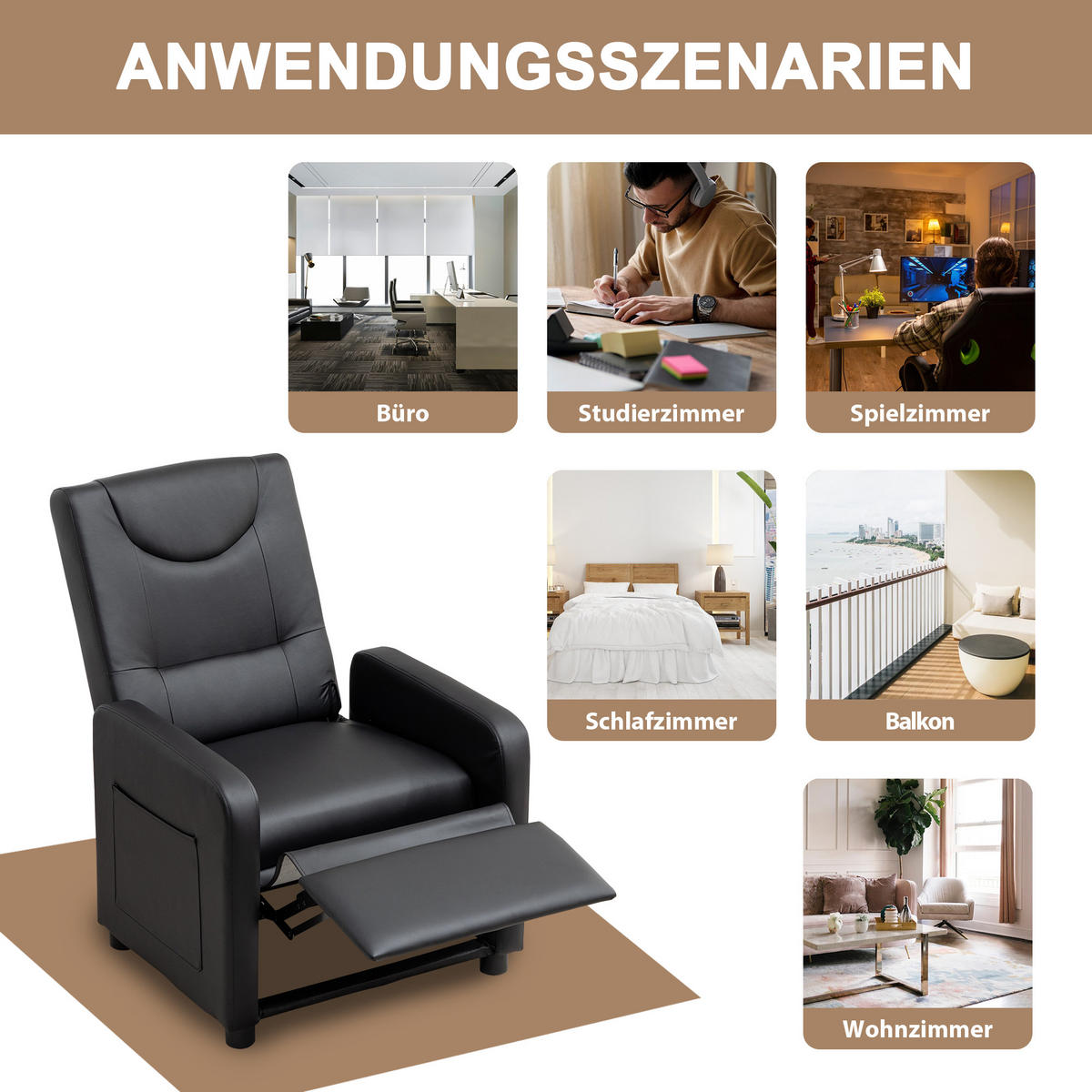 RELAXSESSEL PU mit verstellbarer Rückenlehne, klappbarer Fußstütze 76,5/67,5/95,5 cm Schwarz - Schwarz, Kunststoff (67.5/95.5/76.5cm) - Redom
