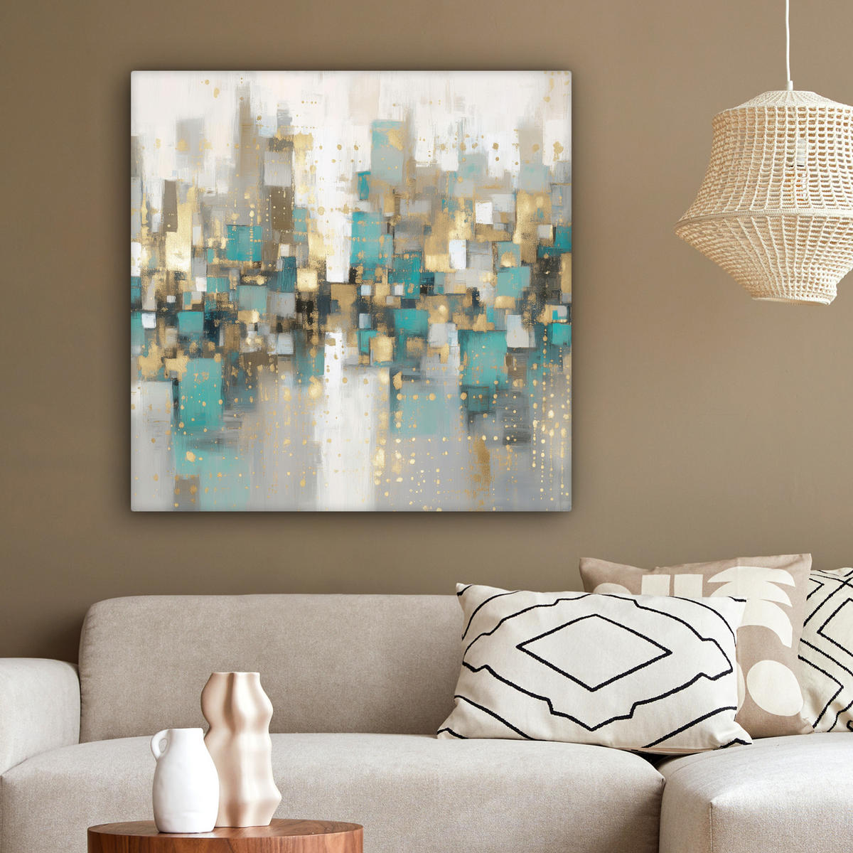 LEINWANDBILD Abstrakt - Blöcke - Gold - Skyline Deko Groß 90x90 cm - Beige, Textil (90/90cm) - MuchoWow