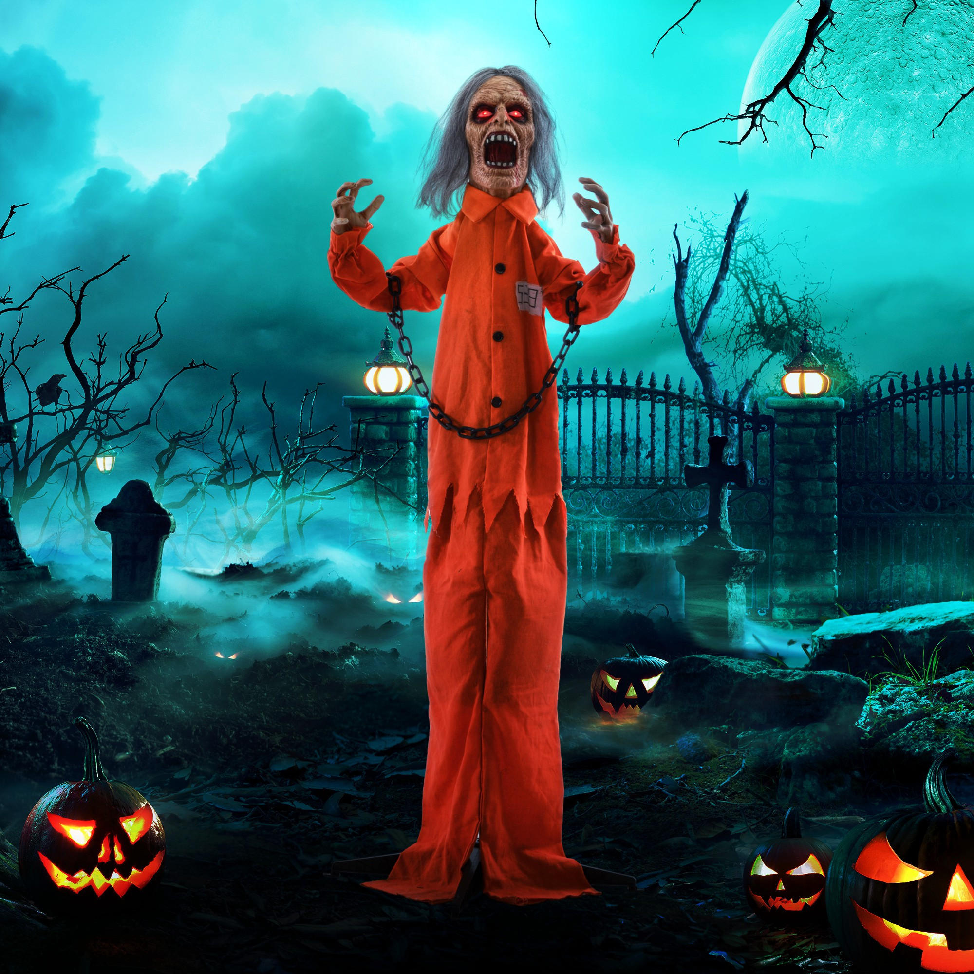 HALLOWEEN DECORATIONS 85cm Dekoration Gefangener , Soundfunktion, Orange - Orange, Kunststoff/Metall (50/85/15cm) - HOMCOM