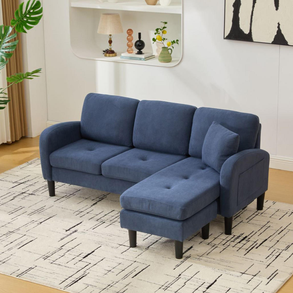 SOFA modular mit Chaiselongue 166 x 118 x 77 cm Cord Blue - Blau, Holz (118/166cm) - Meubliv