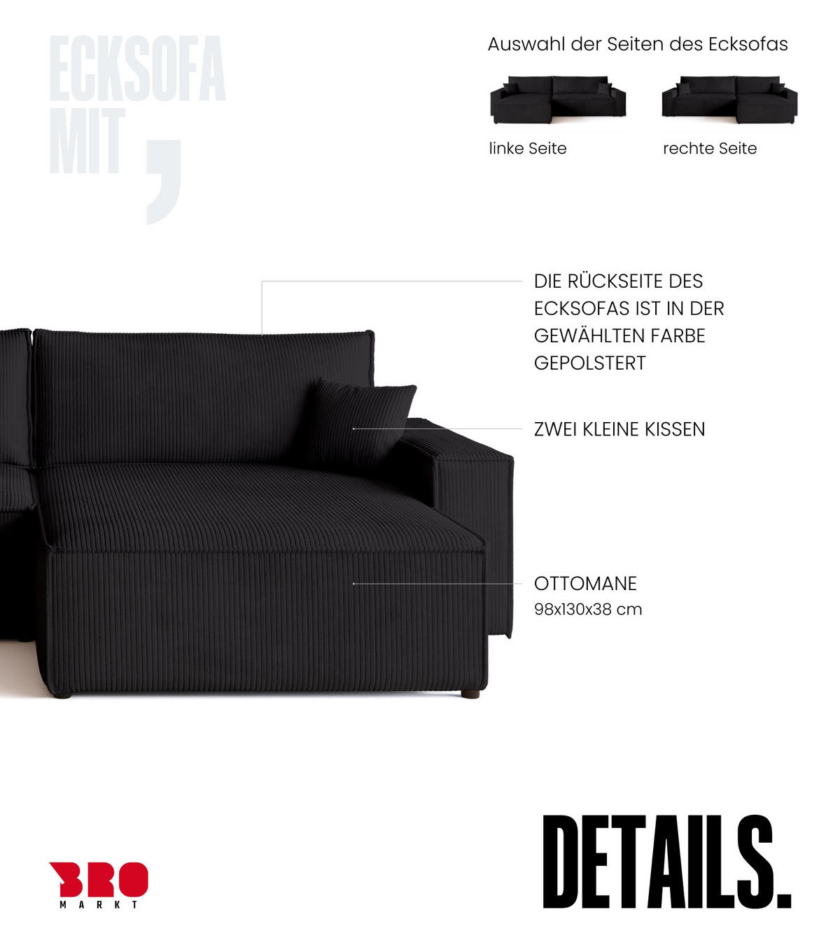 ECKSOFA ADI XL mit Schlaffunktion Schwarz Cord - Schwarz, Textil (272/143cm) - Bromarkt