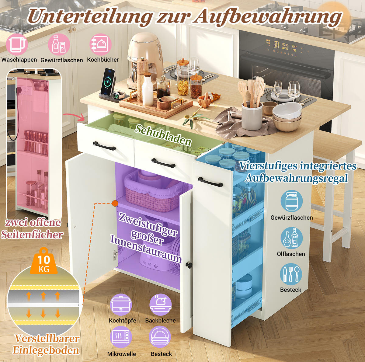 KÜCHENINSEL mit Klappplatte 120 x 45-75 x 96 cm Weiß - Weiß, Holz (45/96/120cm) - Beauniv