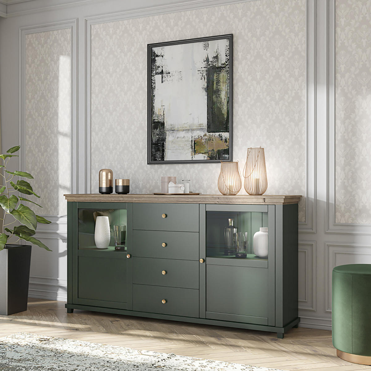 SIDEBOARD EVANDRO 181/93/42 cm mit 4 Schubladen und 2 Türen Grün - Grün, Holzwerkstoff (181/93/42cm) - MASSENO