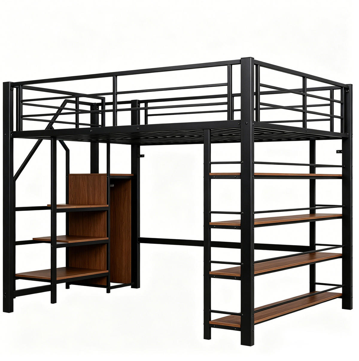 HOCHBETT 140x200 cm in Schwarz mit Stauraumtreppe, Garderobe und Regalen - Schwarz, Metall (140/200cm) - IVMEU