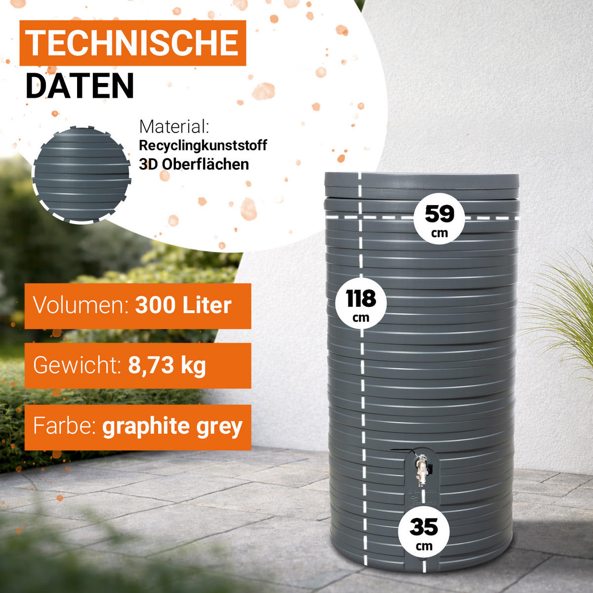 REGENTONNE Komplett-Set 300 L, graphite grey inkl. Chrom-Doppelauslaufhahn und Fallrohranschluss - Grau, Kunststoff (59/118/60cm) - GARANTIA