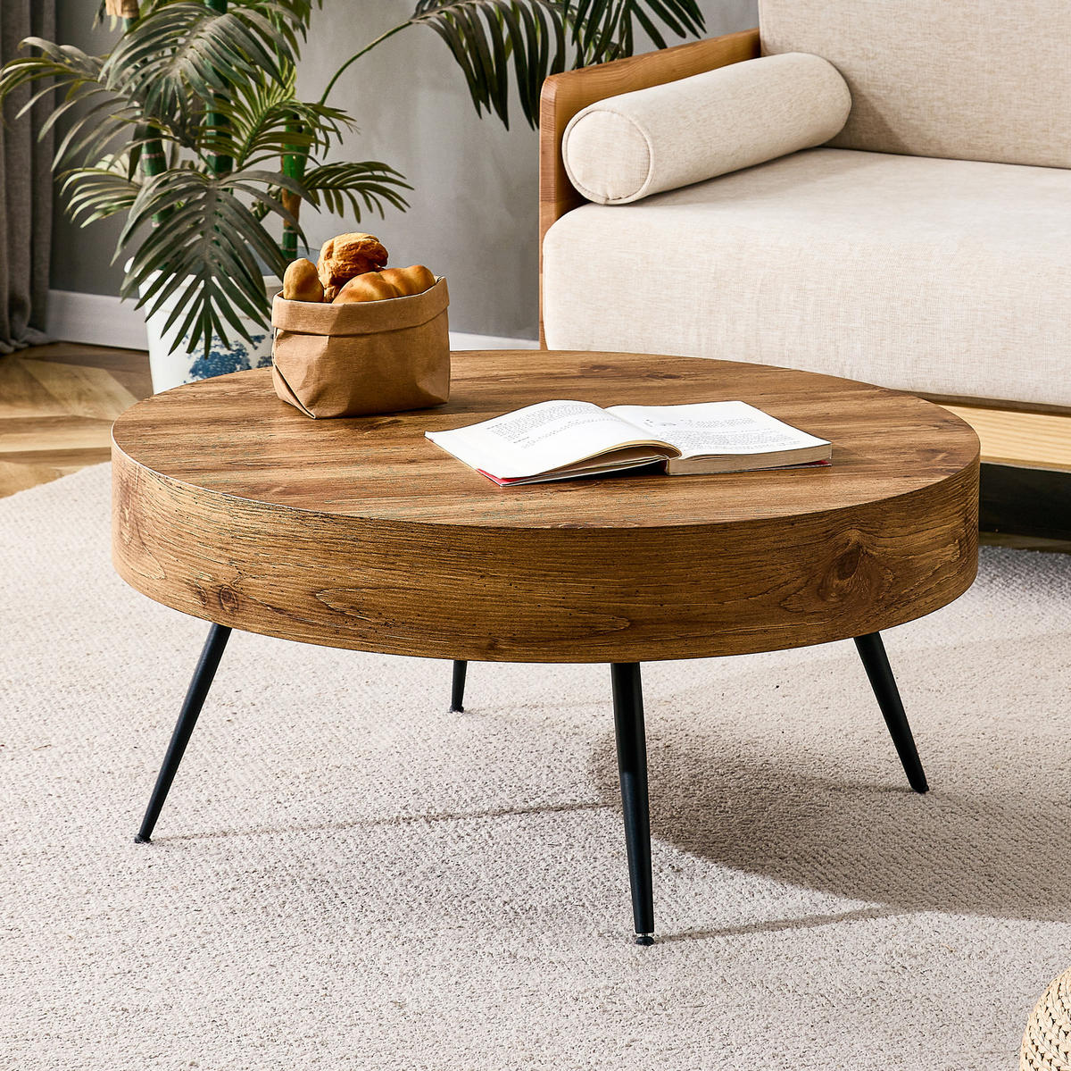 COUCHTISCH 70 cm in Holzoptik mit Metallbeinen, Höhe 35,5 cm - Schwarz, Holzwerkstoff (70/70/35.5cm) - BEAOK