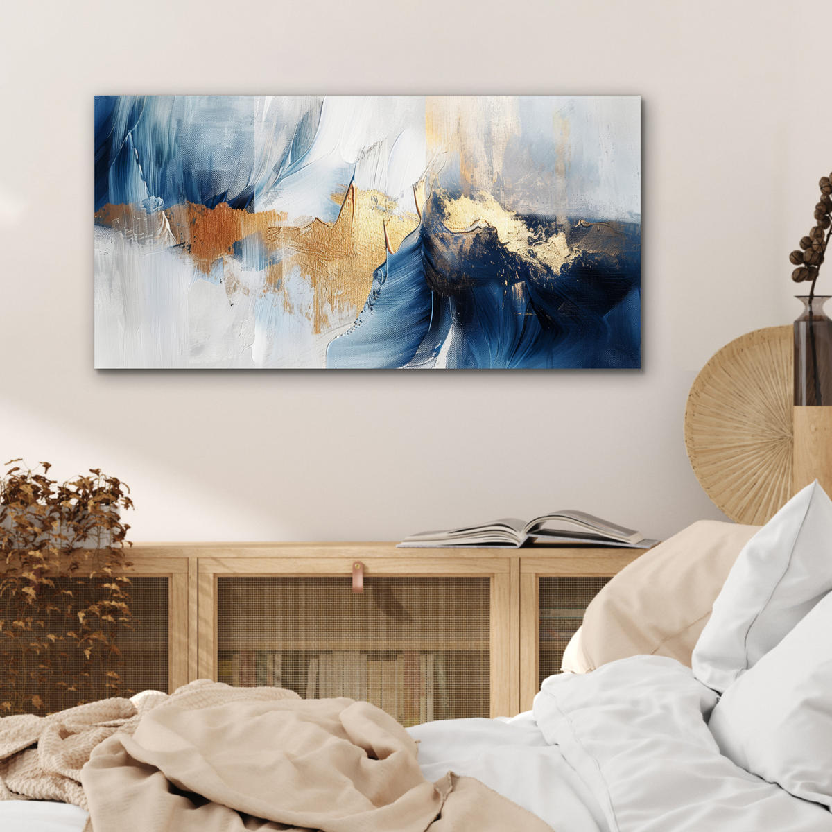 KOVOVÝ OBRAZ Zlatá - modrá - akvarel - umenie - moderné 80x40 cm - svetlomodrá, kov (80/40cm) - MuchoWow
