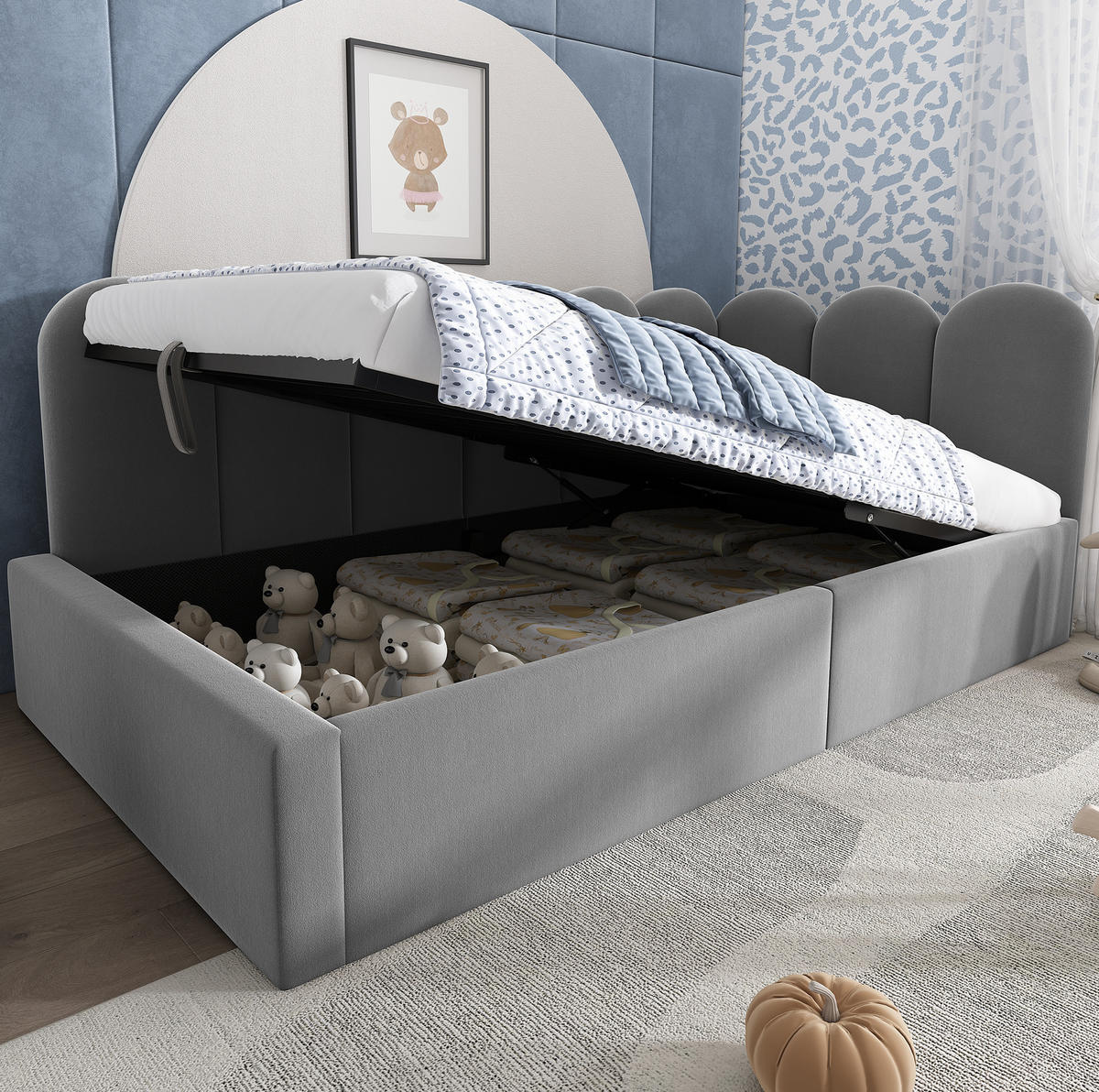 BETT mit Stauraum 90x200 cm Samt Grau - Grau, Holzwerkstoff (90/200cm) - Beauniv