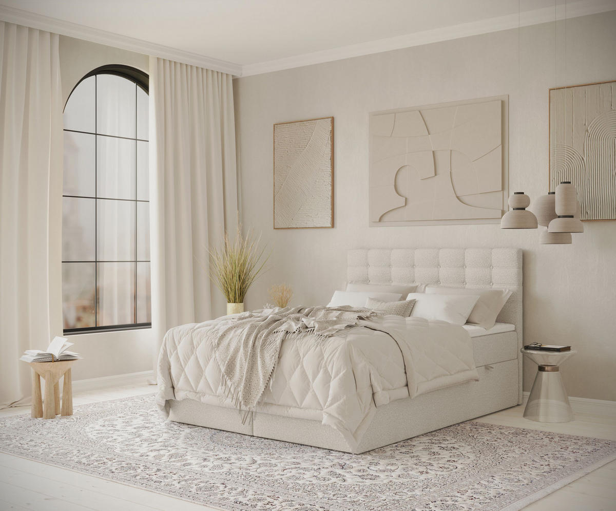 BOXBETT Sansa Beige 120/200 cm mit Taschenmatratze und Topper - Beige/Schwarz, Holz/Holzwerkstoff (120/200cm) - Maison de Reve