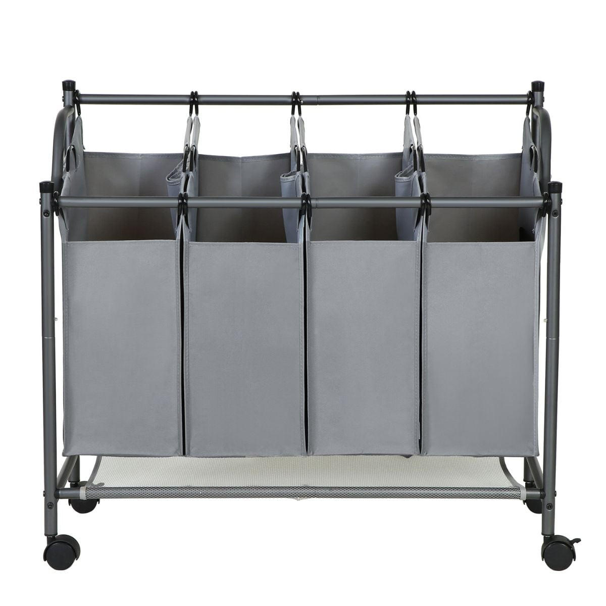 WÄSCHESAMMLER mit 4 abnehmbaren Taschen Grau auf Rollen - L87,5 cm - Grau, Metall (81/38.5/87.5cm) - Calicosy