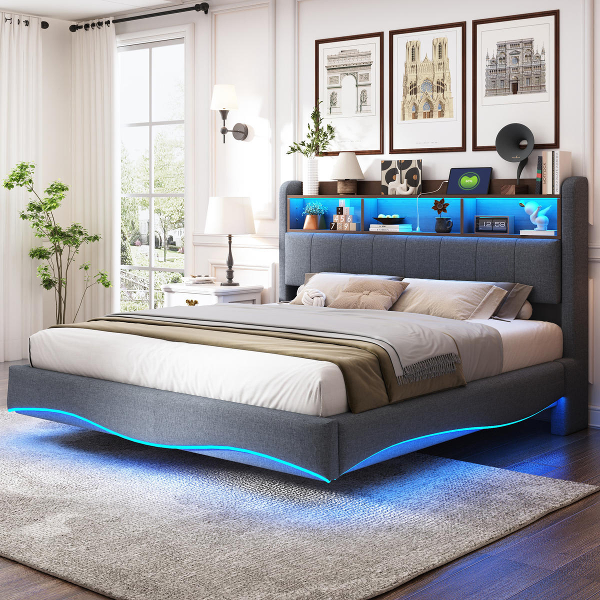 POLSTERBETT mit Stauraum, LED und USB/Type-C 160x200 cm Grau - Grau, Metall (160/200cm) - Meubliv