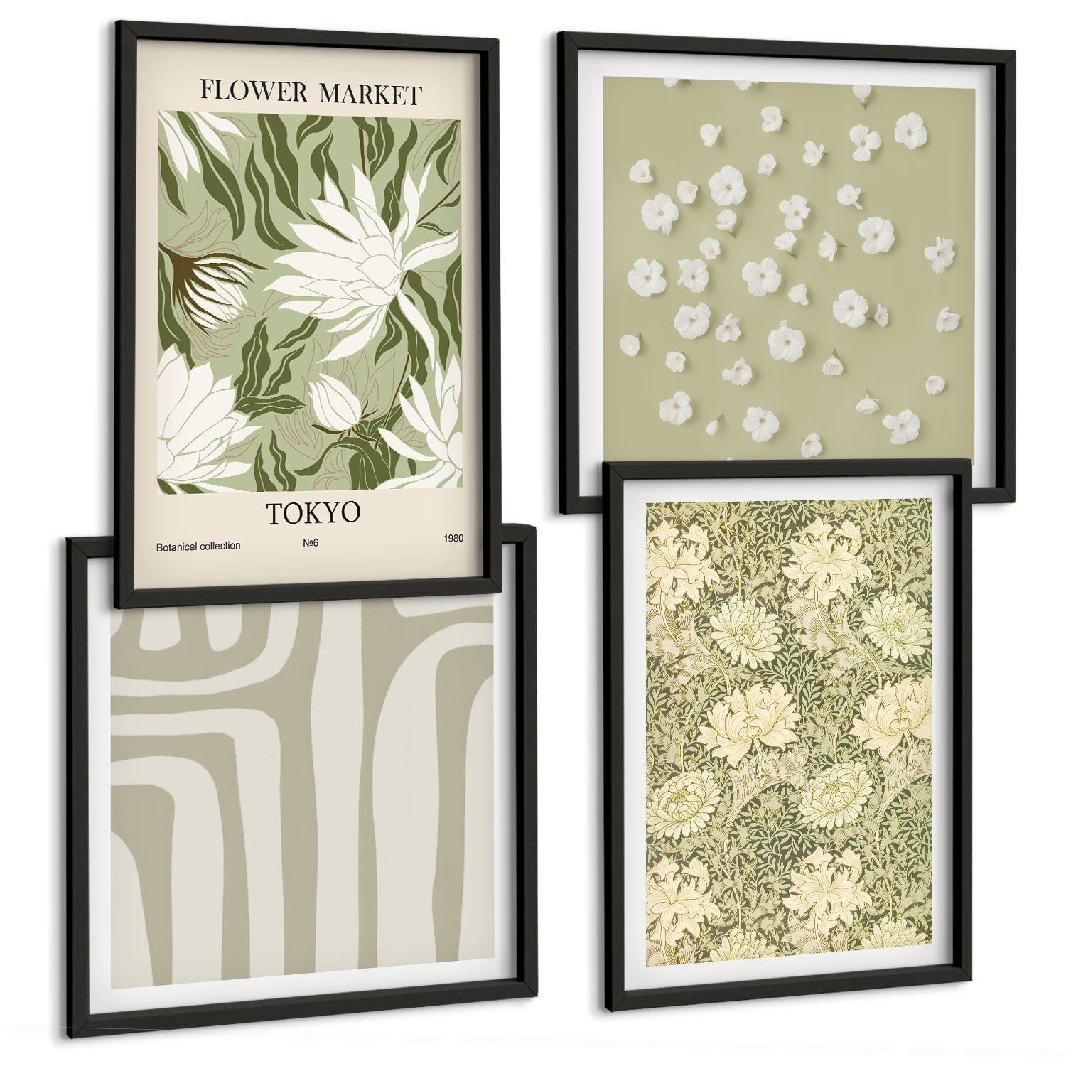 BILDER SET 4er Set - 50x50 cm & 40x60 cm Schwarzer Rahmen - Boho-Pflanzenkompositionen in Pastellfarben - Schwarz, Kunststoff (50/50cm) - TULUP