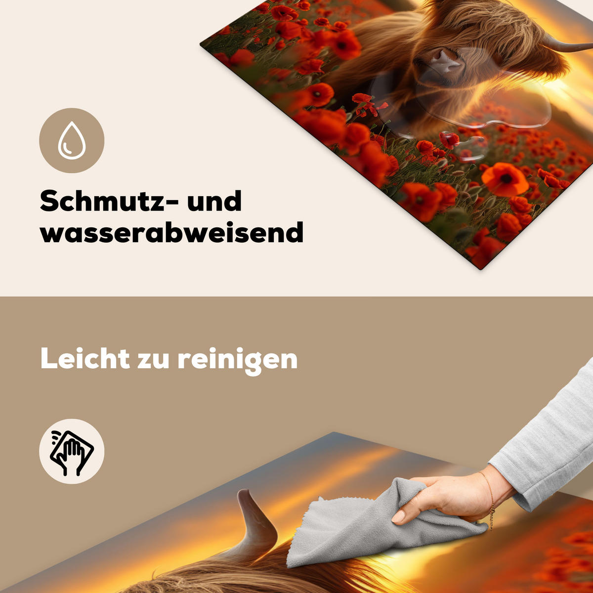 HERDABDECKPLATTE Schottische Highlander - Rosen - Blumenfeld - Sonnenuntergang Herdabdeckung Induktionsfeld 70x52 cm - Rotbraun, Kunststoff (70/52/0.2cm) - MuchoWow