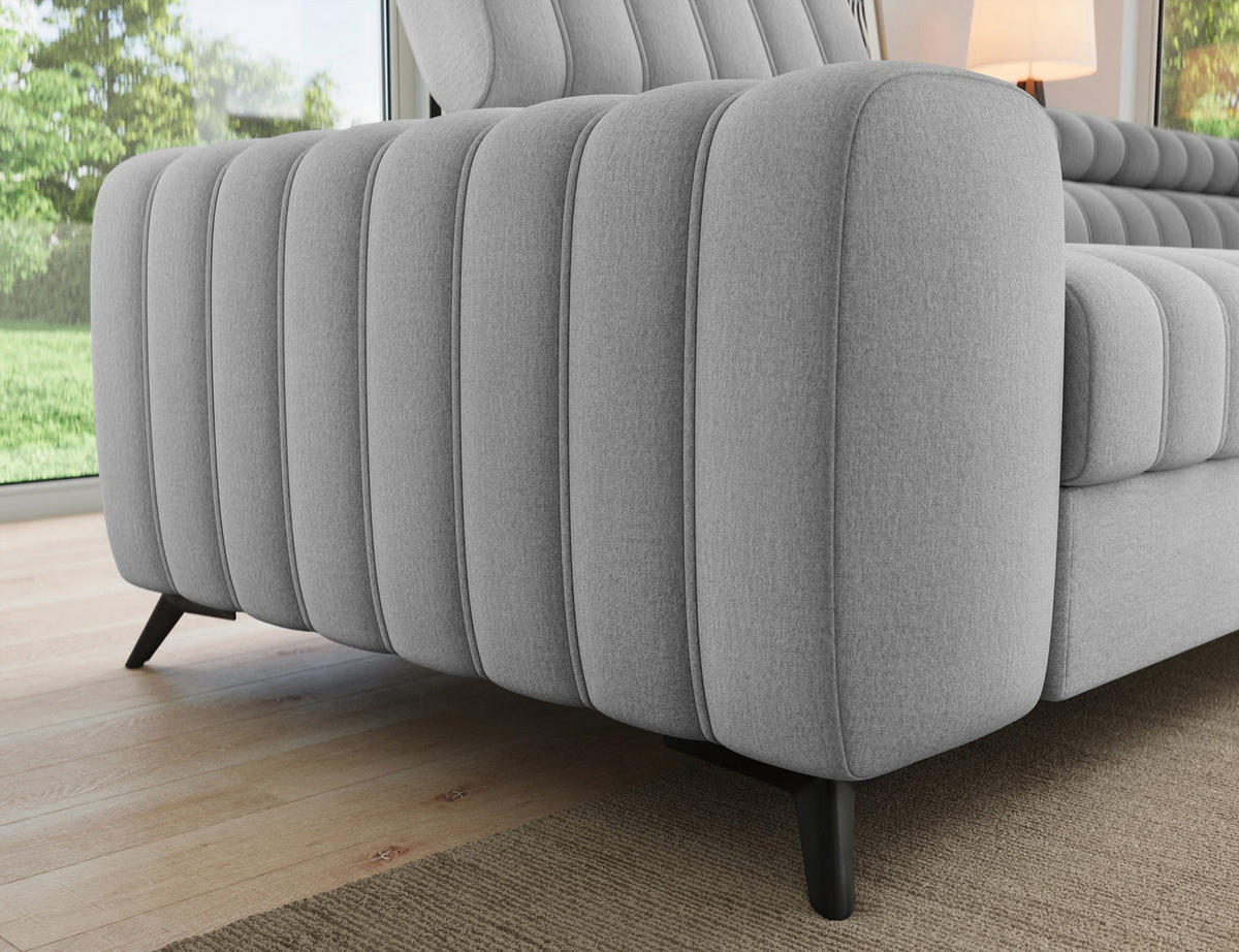 KANEDO Ecksofa mit Schlaffunktion und Bettkasten – Modernes Designsofa, verstellbare Kopfstützen, Metallfüße - Grau, Kunststoff (269/86cm) - Wohnideebilder