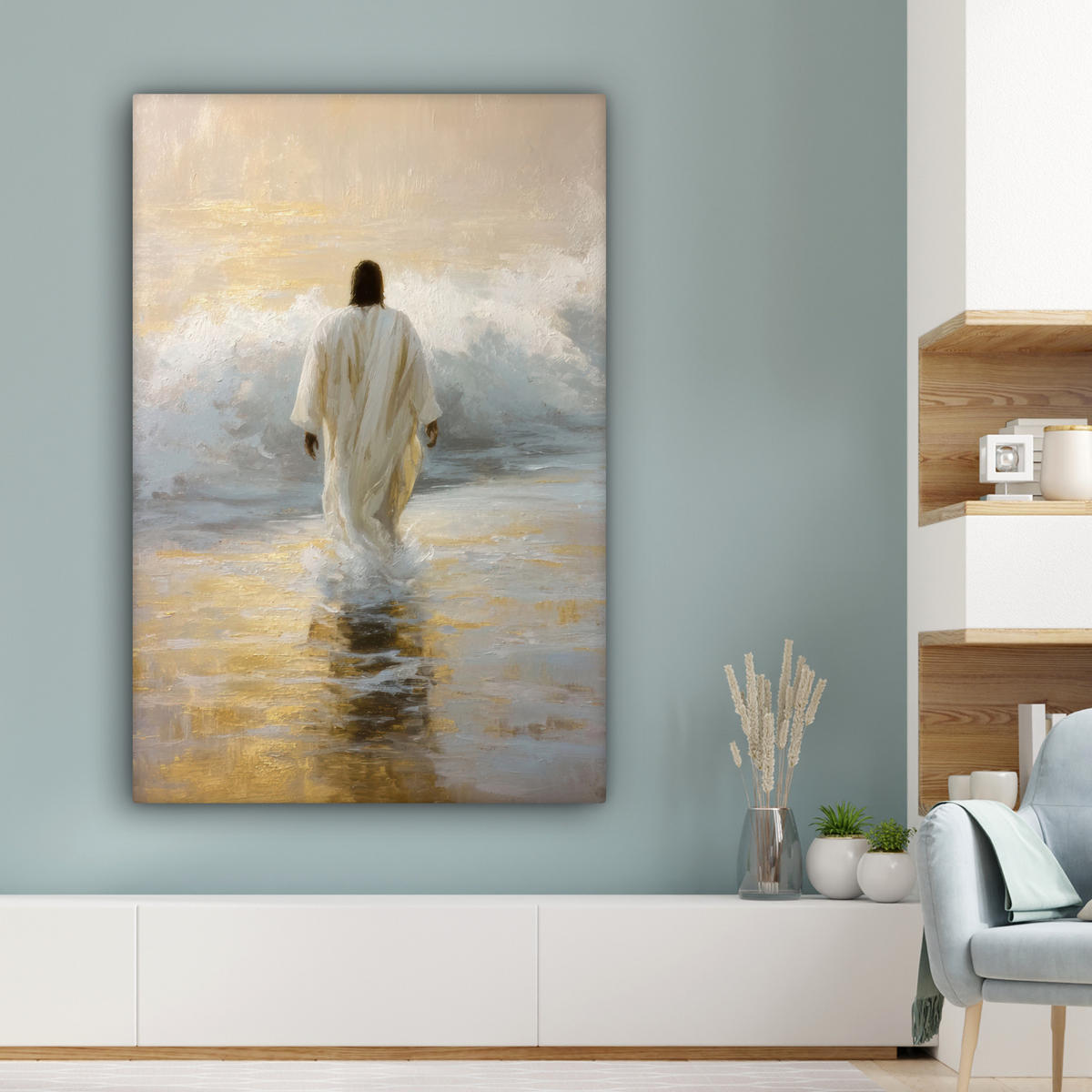 LEINWANDBILD Gemälde - Welle - Jesus - Abstrakt Deko Groß 90x140 cm - Goldfarben, Textil (90/140cm) - MuchoWow