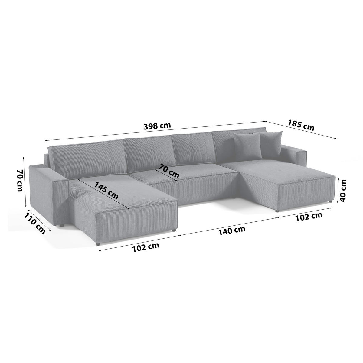 WOHNLANDSCHAFT Sekwana U Anthrazit - Anthrazit, Naturmaterialien (185/70/398cm) - Fedve