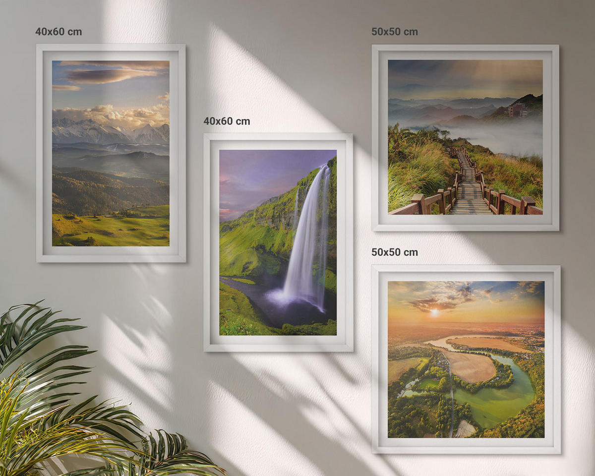 WANDBILDER 4er-Set - 50x50 cm & 40x60 cm Weißer Rahmen - Ausblicke auf Berge, Flüsse und Wasserfälle - Weiß, Kunststoff (50/50cm) - ArtPrintCave