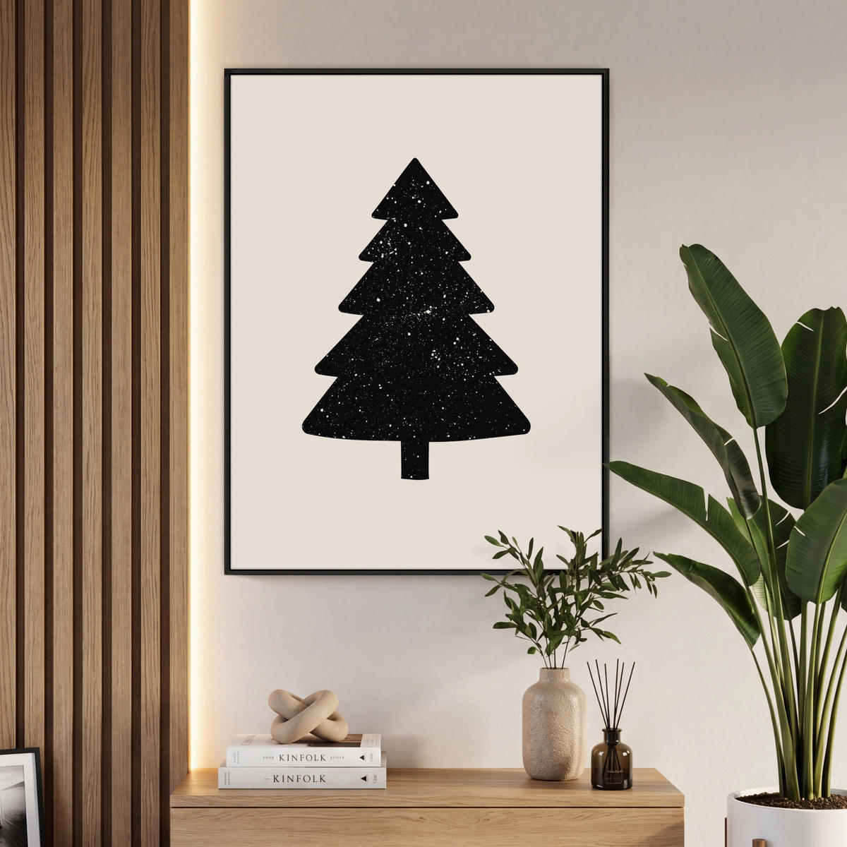 LEINWAND Bilder mit Rahmen - Weihnachtsbaum - Schwarz - Urlaub - Beige - 70x100 - Schwarz, Textil (70/100cm) - MuchoWow