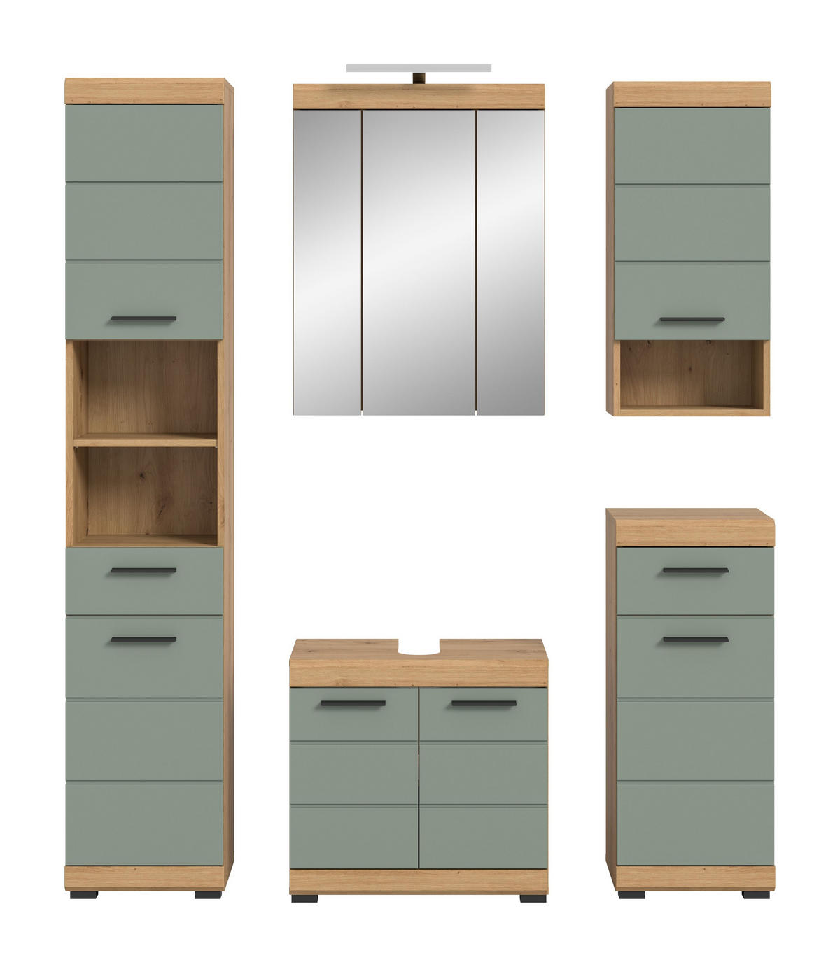 BADKOMBINATION 4tlg. Scout Bad in Artisan Eiche Nachbildung und Salbei Nachbildung B/H/T: 164x191x34 cm - Eiche Artisan, Holz (164/191/34cm)