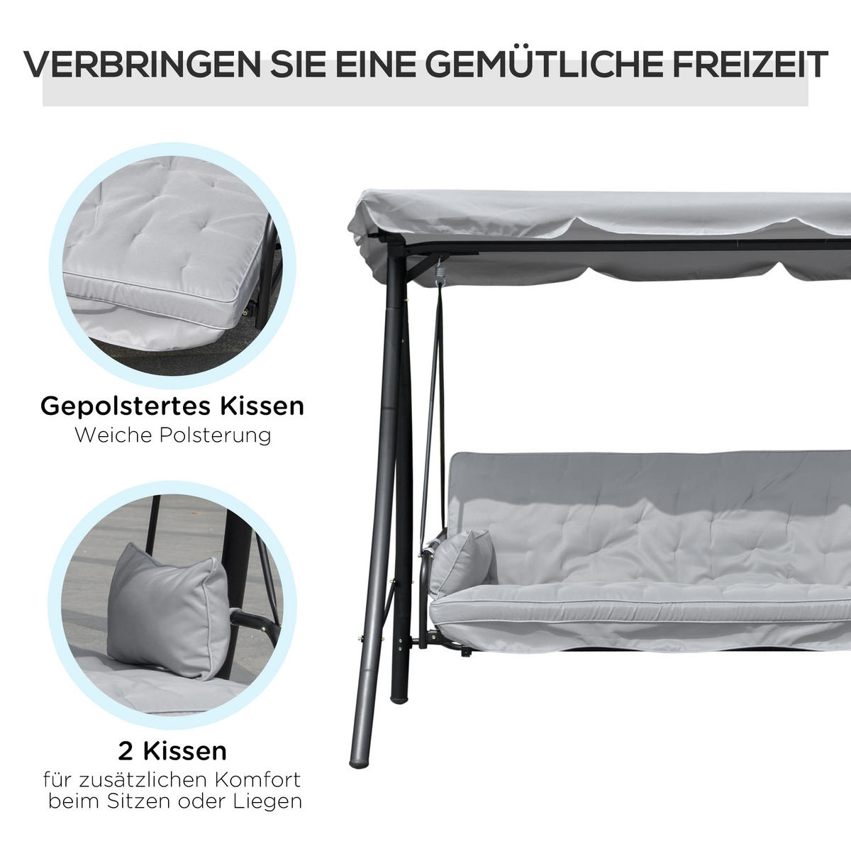 GARTENSCHAUKEL Schaukelbank mit Liege-Funktion, 3 Sitzer, Metall+Kunststoff, Grau - Grau, Kunststoff/Metall (240/170/209cm) - Outsunny