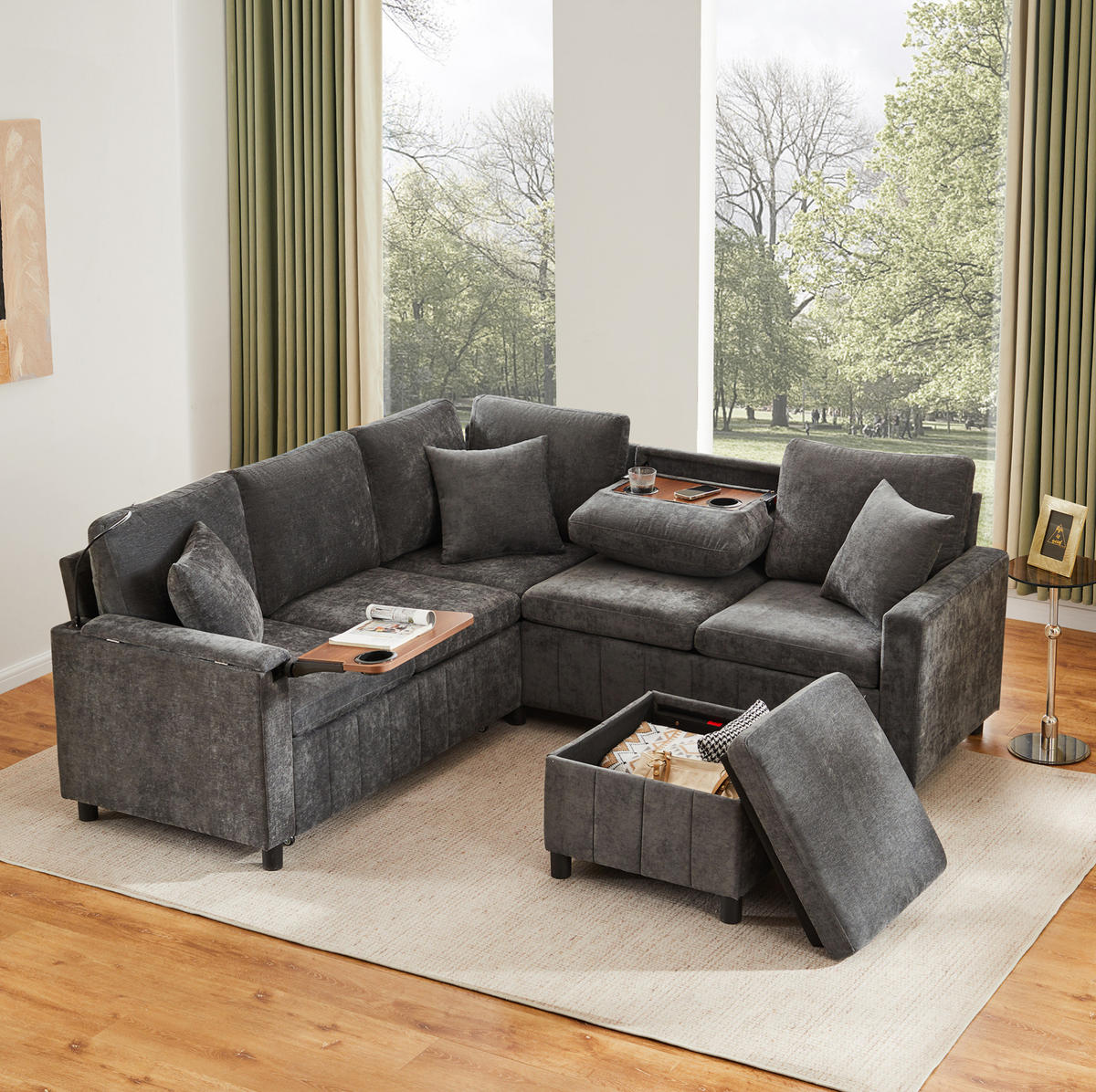 ECKSOFA Chenille mit Schlaffunktion und Hocker, USB-Anschluss/Type-C 205/205/85 cm Grau - Grau, Textil (205/205cm) - Redom